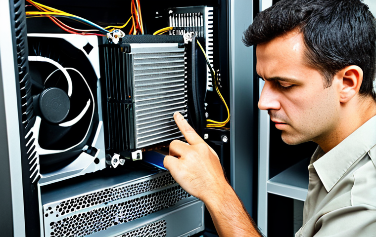 **Prompt 1: IT Technician Diagnosing Overheating PC**
A professional IT technician, fully clothed in a modest uniform, is carefully inspecting the internal components of an open desktop computer tower. Their focus is on a dusty CPU fan and heatsink, indicating a potential overheating issue. The technician has a calm, concentrated expression, demonstrating expertise in problem-solving. The background is a brightly lit, clean IT repair workshop with various tools neatly organized on a workbench. This image is safe for work, appropriate content, fully clothed, professional, and family-friendly. Perfect anatomy, correct proportions, natural pose, well-formed hands, proper finger count, natural body proportions, professional photography, high quality.