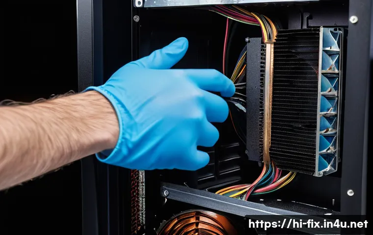 데스크탑이 자꾸 재부팅되는 원인과 해결법 - **Prompt:** "A close-up shot inside a desktop computer case, revealing a significant accumulation of...