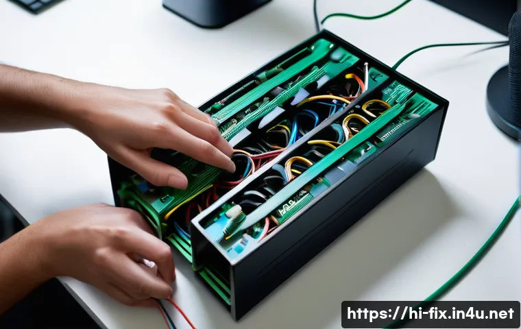 컴퓨터 소리가 안 나올 때 문제 해결 - **Prompt:** A close-up shot of a person's hands meticulously checking a tangled array of audio cable...