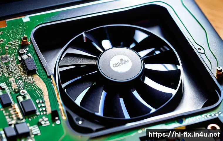 노트북 팬 소음을 줄이는 방법 - A detailed close-up of a laptop cooling fan clogged with dust and dirt inside the laptop casing, sho...