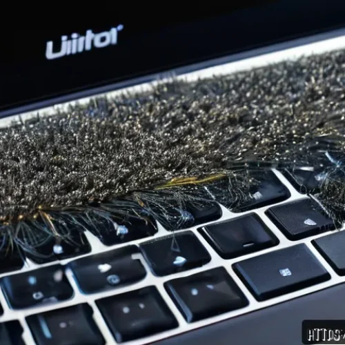 Home 31 USB 포트가 작동하지 않을 때 점검 방법 - A detailed close-up image of a laptop’s USB port showing visible dust particles, hair strands, and g...