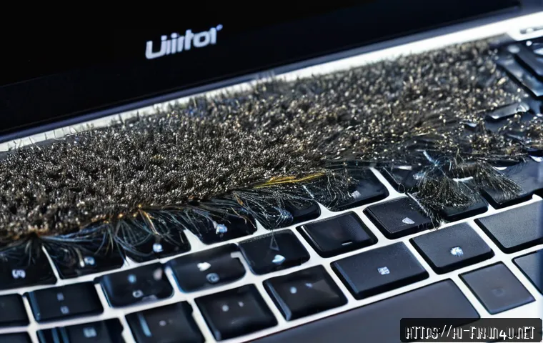 USB 포트가 작동하지 않을 때 점검 방법 - A detailed close-up image of a laptop&rsquo;s USB port showing visible dust particles, hair strands, and g...