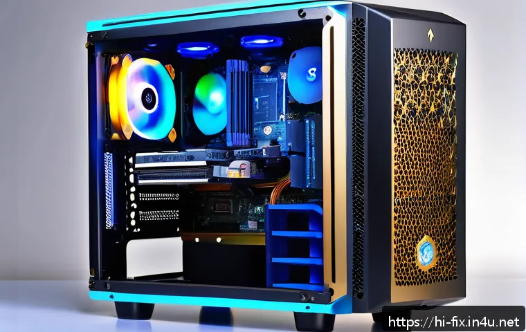 컴퓨터 전원 공급장치 용량 확인 및 교체 - A detailed, realistic computer workspace showing a high-end gaming PC setup with visible components ...